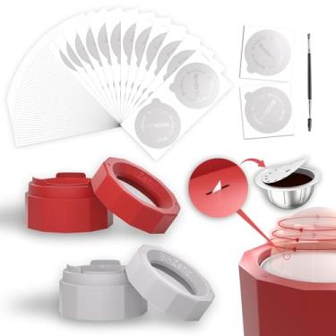 Imagem de BinZetic Kits de cápsulas Vertuoline reutilizáveis [2 unidades] para cápsulas de recarga, com removedor de tampa de alumínio e 100 peças [62 mm, grau alimentício] tampas e escova de alumínio
