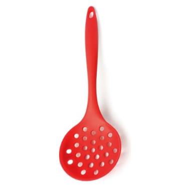 Imagem de Escumadeira de Silicone Premium, Vermelha, 33 cm, Resistente a Altas Temperaturas, Design Moderno, para Frituras e Massas