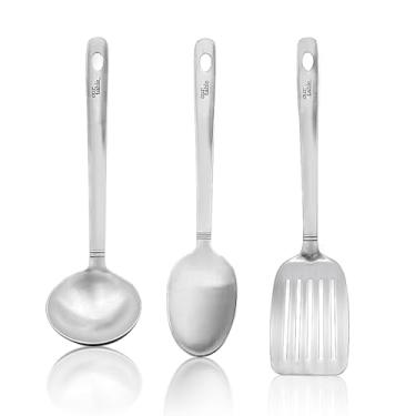 Imagem de Nossa mesa de 3 peças para cozinhar e servir utensílios de aço inoxidável, concha de sopa de cozinha, colher de cozinha, espátula com fenda para servir suas refeições favoritas