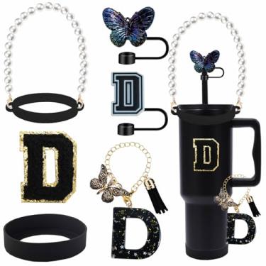 Imagem de 7 peças de acessórios de copo para copo Stanley alça de alça de garrafa de água 0,8 cm carta palha capa de silicone alça inicial pingente adesivo de letra para copo de 30 e 1,134 g com alça (preto