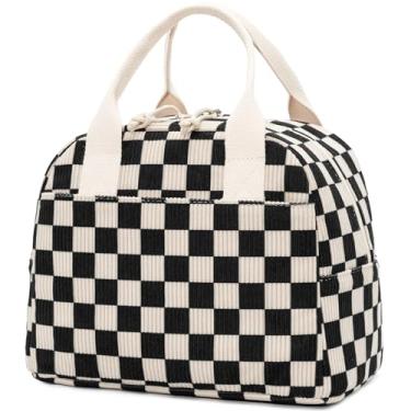 Imagem de LOVELYWIND Lancheira xadrez preta isolada para mulheres, bolsa de veludo cotelê elegante com forro de alumínio, refrigerador reutilizável de grande capacidade para trabalho, viagens ou praia