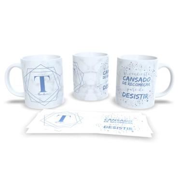 Imagem de Caneca Motivacional com Frase 'Se Você Está Cansado de Recomeçar Pare de Desistir', Cerâmica Branca, Design Geométrico Azul (t)