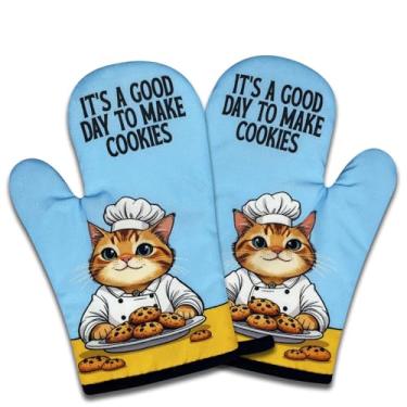 Imagem de NAHMAKNE Pacote com 2 luvas de forno engraçadas para gatos, é um bom dia para fazer biscoitos, luvas antiderrapantes resistentes ao calor, presentes de panificação para anfitriãs, presentes de