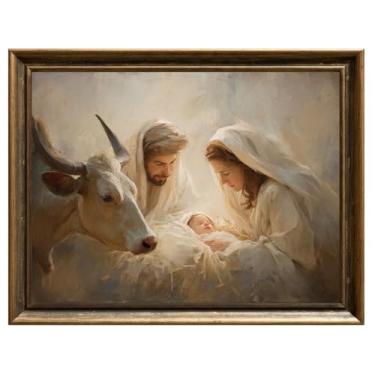 Imagem de Arte de parede Jesus Nativity – pôster de Natal, imagem religiosa cristã, decoração de parede de fé católica, arte em tela de cena de manjedoura de Natal 20 x 30 cm sem moldura