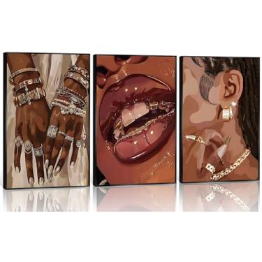 Imagem de 3 peças modernas mulheres negras arte de parede arte de parede brincos colares dentes dourados decoração de parede fotos mulher afro-americana pôsteres impressões para quarto de menina decoração de