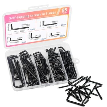 Imagem de BJUTYEU 5 tamanhos de parafusos espirais em forma de L; ganchos para casaco; ganchos para chaveiros de joias, conjunto de 85 peças, ganchos de parafusos autoroscantes pretos banhados a zinco