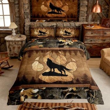 Imagem de Homewish Conjunto de cama de lobo, animal selvagem, estampa de pata para crianças, adolescentes e adultos, folhas botânicas da selva, casa de fazenda, edredom com 2 fronhas, tamanho king, 3 peças