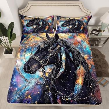 Imagem de Jogo de lençol solteiro com cavalo infantil, céu estrelado com glitter, apanhador de sonhos, decoração de quarto de meninos e meninas, animal rústico, caubói ocidental, preto, 1 fronha (sem lençol de