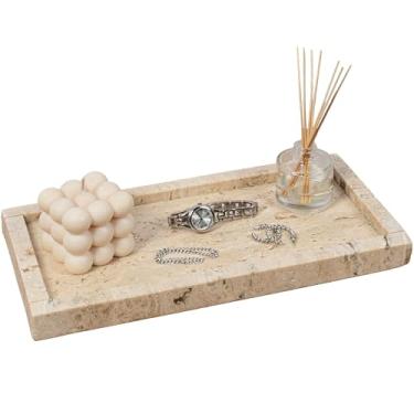 Imagem de happimess TRY4001A Bandeja de bancada retangular de mármore minimalista clássica de 30,5 cm x 15 cm para armazenamento, decoração, exibição, mesa de centro ou servir comida, travertino