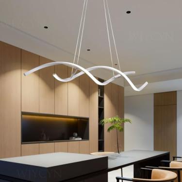 Imagem de Luminária pendente espiral de LED para cozinha, modelo linear, com 100 cm de comprimento, altura ajustável, temperatura de cor regulável (3000-6500K), controle remoto e ideal para sala de ja