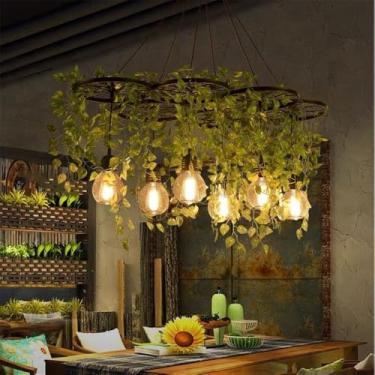 Imagem de Lustre Americano Pastoral LED Industrial Retrô Criativo para Restaurante, Bar, Cafeteria, Loja de Chá com Leite, Loja de Roupas, Decoração com Plantas Verdes - Luminária Pendente (NA 6 Lâmpa