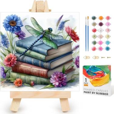 Imagem de Kit de pintura emoldurada por números para adultos iniciantes e crianças de 8 a 12 anos, kits de pintura de libélula por números em tela emoldurada com cavalete, kits de pintura a óleo acrílica para