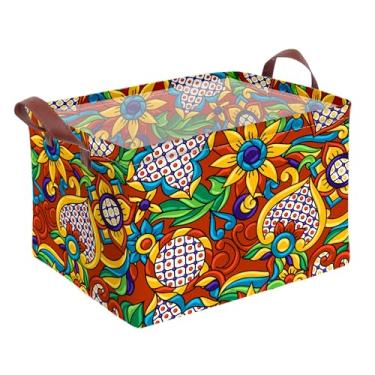 Imagem de Cesto de armazenamento mexicano Talavera, impermeável, de lona, para brinquedos, decoração mexicana, cesta dobrável ao ar livre com alças de couro, cestas de cobertor para decoração de talavera, para