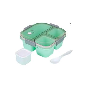 Imagem de Marmita Térmica com 3 Compartimentos, 1200ml, Material PS/PP/Silicone, Tampa Vedante, Talheres Inclusos, Cores Sortidas, 19,5 x 19,5 x 6cm