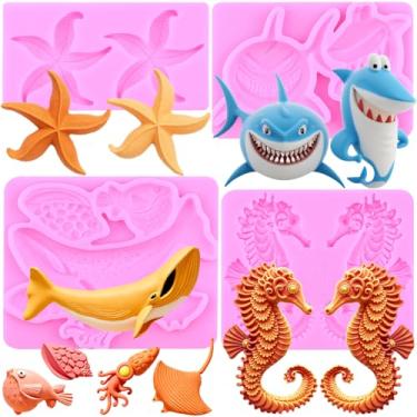 Imagem de MIYAHOUSE Moldes de silicone para fondant de animais marinhos para decoração de bolos, topo de cupcake, pasta de goma de chocolate, argila de polímero, conjunto de 4