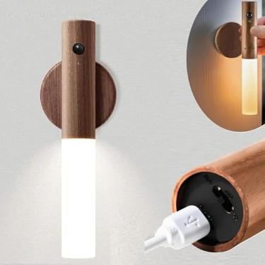 Imagem de Luminária de Parede LED Recarregavel com Acabamento em Madeira, Cilíndrica com Tubo de Luz, Design Moderno Minimalista, Arandela para Decoração de Interiores, Sensor de Movimento