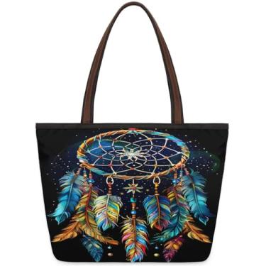 Imagem de Bolsa grande feminina étnica apanhadora de sonhos bolsas de pano de trabalho coloridas com zíper reutilizáveis bolsas de mão de mercearia casual viagem pernoite bolsas adequadas para viagens, trabalho