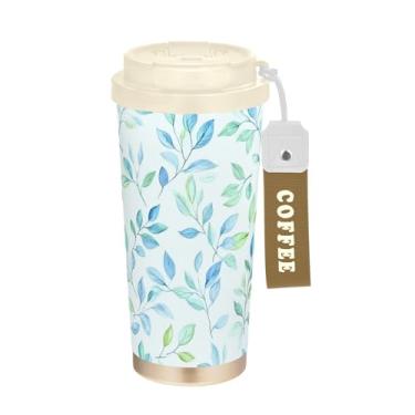 Imagem de SEHANY Caneca de viagem Green Leaves de 482 ml Copos de café reutilizáveis revestidos de cerâmica com tampa à prova de vazamento, parede dupla, isolamento a vácuo, copo de café de aço inoxidável para