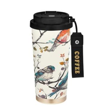 Imagem de SEHANY Caneca de café de viagem Flores e pássaros de 482 g com tampa revestida de cerâmica e à prova de vazamento, parede dupla, copo de aço inoxidável isolado a vácuo para bebidas quentes e frias