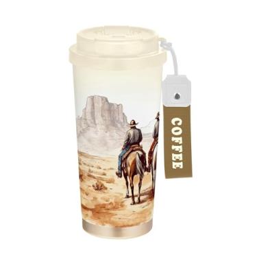 Imagem de SEHANY Caneca de viagem vintage caubói ocidental 482 g xícaras de café reutilizáveis revestidas de cerâmica com tampa à prova de vazamento, parede dupla, isolamento a vácuo, copo de café de aço