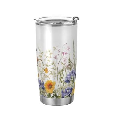Imagem de xigua Copo de flores silvestres de jardim aquarela com tampa de palha, caneca de viagem a vácuo de parede dupla, caneca de café bem isolada, copo de aço inoxidável para bebidas quentes e frias, 600 ml