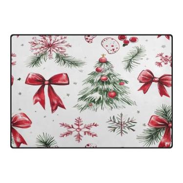 Imagem de Blueangle Tapetes de Natal laváveis 12 x 16,7 cm para sala de estar - Tapete ultramacio antiderrapante resistente a manchas com laços vermelhos impressão decoração de férias para quarto e escritório