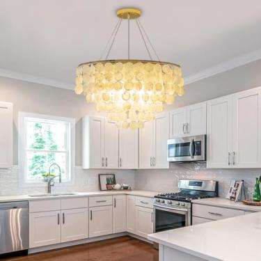 Imagem de Lustre Criativo para Sala de Estar, em Concha Natural, com 6 Lâmpadas, Luminária Pendente Moderna de Teto, Estilo Costeiro, Branco, para Cozinha, Quarto, Hall de Entrada, Restaurante e Bar.