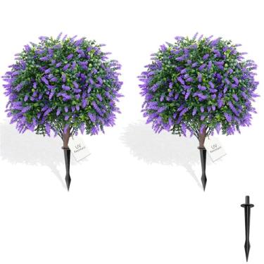 Imagem de sykart Árvores de topiaria artificial com lavanda, pacote com 2 arbustos artificiais com espigão, plantas falsas para decoração de varanda externa resistente a UV