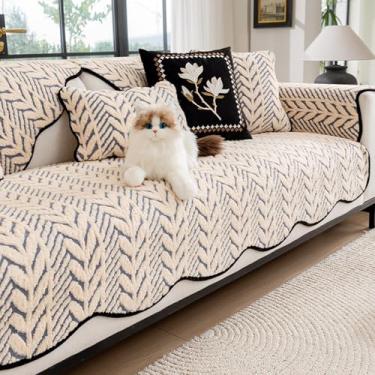 Imagem de HGTRH Capa de sofá quente de tecido felpudo jacquard geométrico, capa de sofá macia, antiderrapante, bege, 110 x 110