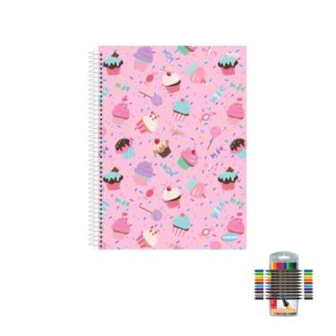 Imagem de Kit Caderno Feminino 10 Matérias 200 Folhas + Caneta Point 88 0.4mm + Marcador Brush Dual Tip