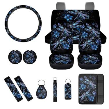 Imagem de gearider Capas de assento de carro Dragonfly conjunto completo de acessórios interiores automotivos com capa de volante, almofadas de cinto de segurança, capa de apoio de braço, chaveiros, suporte de