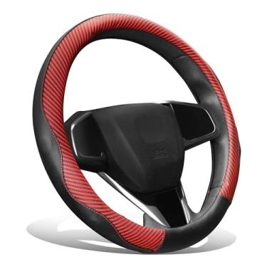 Imagem de DNA MOTORING Capa de volante de couro sintético ajuste universal 36,8-38 cm, costura vermelha e design de padrão de fibra de carbono preto, SWC-S2316
