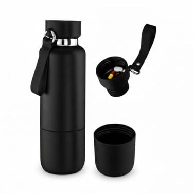 Imagem de Valori Home 3 em 1 Garrafa Térmica Inox 500ml Squeeze Academia Camping, Antivazamento, Parede Dupla a Vácuo, Porta Comprimidos e Copo - Preta