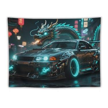 Imagem de HouLaiZhe JDM Tapeçaria de carro dragão ciano R32 modificado carro esportivo legal pendurado na parede quarto decoração de casa tapeçarias estética piquenique decoração de parede arte de parede para