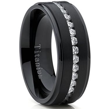 Imagem de Metal Masters Co. Aliança de casamento masculina de titânio preto com zircônia cúbica, ajuste confortável de 8 mm, Metal, Zircônia cúbica