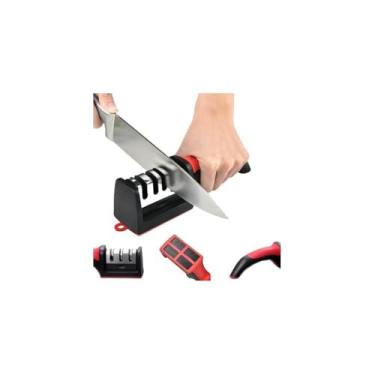 Imagem de Afiador de Facas Profissional 4 em 1, Aço Inoxidável, Cerâmica, Plástico, Cabo Antiaderente, 10x12x6cm, 165g