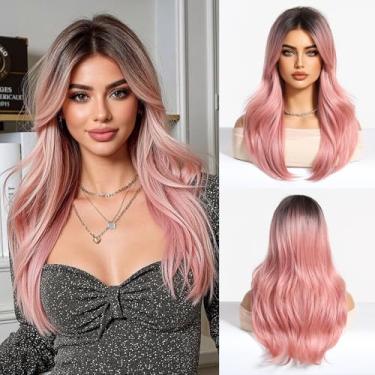 Imagem de Esmee Peruca longa e reta rosa para mulheres com franja de cortina, perucas de cabelo sintético natural para uso diário em festas, 50 cm