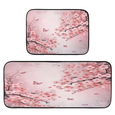 Imagem de Wassud Tapetes de cozinha de árvore de cerejeira para decoração de casa, tapetes de cozinha acolchoados, antifadiga, tapetes de cozinha, antiderrapante, lavável, itens essenciais, conjunto de 2