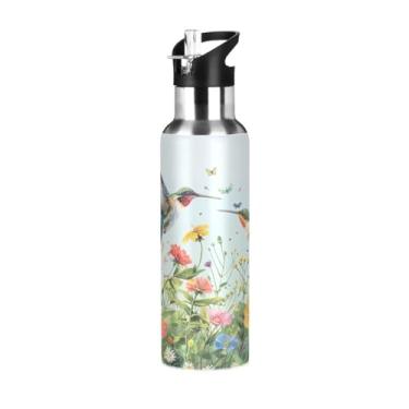 Imagem de Wassud Garrafa de água esportiva de aço inoxidável com canudo garrafas de água isoladas para viagem copo de beija-flores voador portátil 623 g