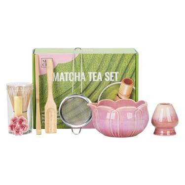 Imagem de MAVIS LAVEN Conjunto de Chá Matcha, Tigela de Cerâmica Completa de 500ml Com Bico, Batedor de 76 Pontas, Coador, Descanso para Colher, Com Porta Colher e Batedor, para Cerimônia Tradicional (Rosada)