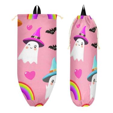 Imagem de xigua Suporte de parede para saco de plástico Halloween Ghosts com cordão, 1 pacote, reutilizável para decoração organizadora de sacolas de compras, meias, roupas íntimas e gravatas