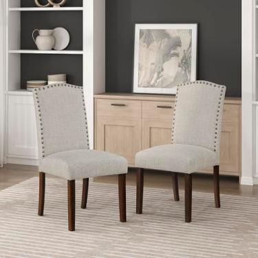 Imagem de Lexicon Conjunto de 2 cadeiras de jantar estofadas de tecido durável e sem braços, costas arqueadas, modernas cadeiras de sala de jantar para 2, laterais com acabamento em pregos, moldura de madeira