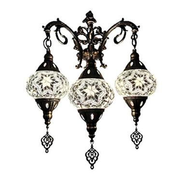 Imagem de Luminária de parede marroquina de 3 braços, aplique de parede turco em mosaico, luminária de cabeceira tradicional feita à mão para sala de estar, quarto, corredor, varanda, café ou bar.