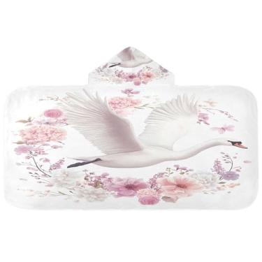 Imagem de Burbuja Toalha de banho com capuz Swan Flowers para crianças, toalha de praia de pelúcia macia absorvente para meninas e meninos 3-10 anos, 61 x 127 cm