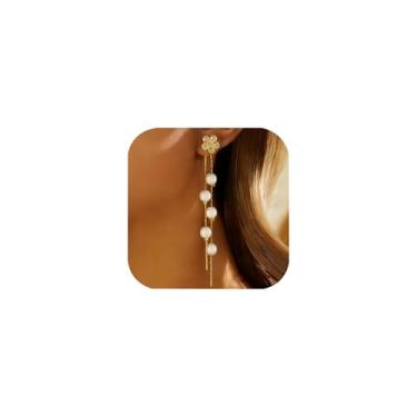 Imagem de Brincos femininos com pingente de pérola floral, corrente longa, banhado a ouro 14 K, hipoalergênico, elegante, presente de noiva, joia moderna, Large, Latão, Sem pedra preciosa