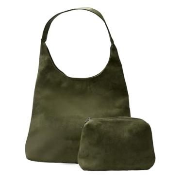 Imagem de Nupouch Bolsa Hobo de camurça Calla Milan, bolsa feminina de camurça vegana, elegante, bolsa, bolsa com zíper, conjunto de 2 peças, estilo moderno, Oliva, Medium