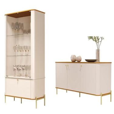 Imagem de Conjunto Cristaleira e Aparador Buffet Tucupí com 3 Portas Off White/nature/dourado