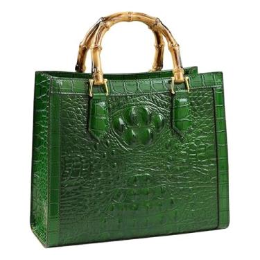 Imagem de Bolsa feminina de couro com estampa de crocodilo, bolsa de mão com alça superior de bambu, bolsa carteiro portátil, Verde