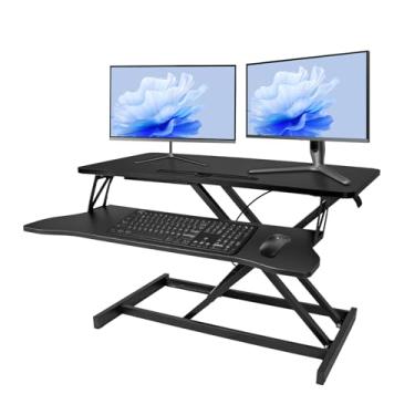 Imagem de OUKMIC Conversor de mesa em pé de 81 cm de altura ajustável para sentar para ficar em pé com bandeja de teclado grande para casa ou escritório, monitor e laptop, mesa de trabalho ampla de 2 níveis