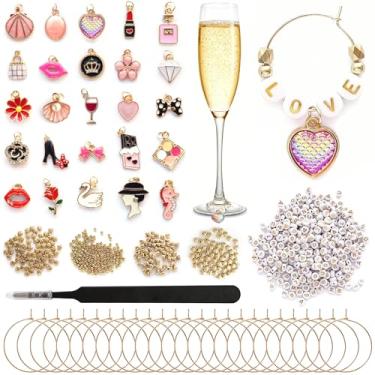 Imagem de Acootima Kit de pingentes de taça de vinho DIY de casamento - 300 contas de letras, conjunto de 25 marcadores de bebida reutilizáveis personalizados, identificadores de copos de vinho para casamento